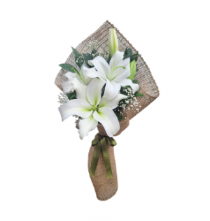 Jüt Kumaşta Beyaz Lilyum Buketi (3'lü -~40 cm)